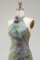 Laden Sie das Bild in den Galerie-Viewer, Staubiges Salbei Chiffon A-Linie Gerafftes Blumen Halter Langes Ballkleid