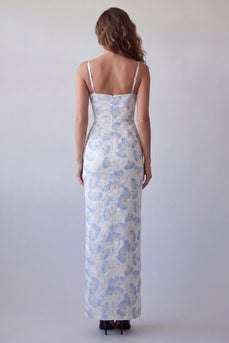 Hellblaues, geblümtes Bodycon Spaghettiträger langes Festkleid