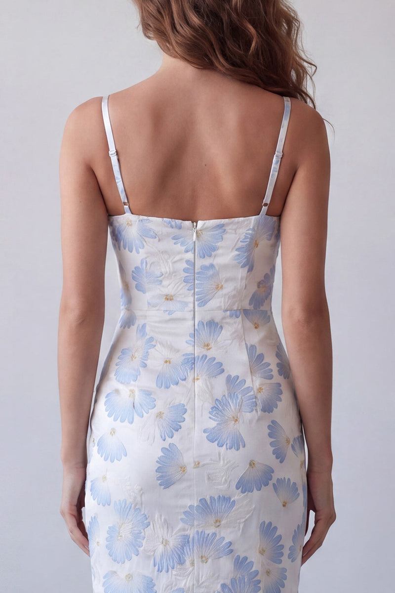 Laden Sie das Bild in den Galerie-Viewer, Hellblaues, geblümtes Bodycon Spaghettiträger langes Festkleid