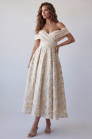 Laden Sie das Bild in den Galerie-Viewer, A-Linie Champagner-off-the-shoulder bedrucktes Midi-Festkleid