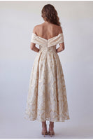 Laden Sie das Bild in den Galerie-Viewer, A-Linie Champagner-off-the-shoulder bedrucktes Midi-Festkleid