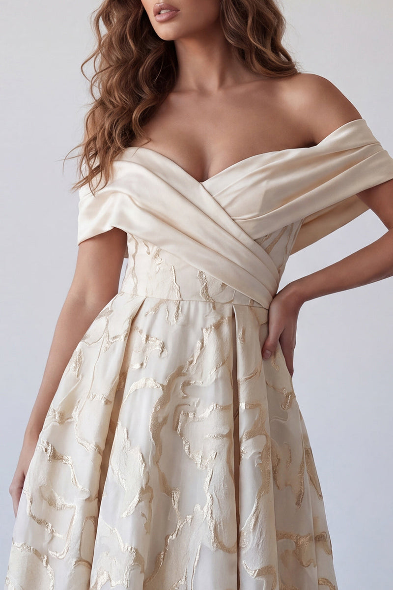 Laden Sie das Bild in den Galerie-Viewer, A-Linie Champagner-off-the-shoulder bedrucktes Midi-Festkleid