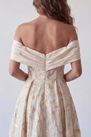 Laden Sie das Bild in den Galerie-Viewer, A-Linie Champagner-off-the-shoulder bedrucktes Midi-Festkleid