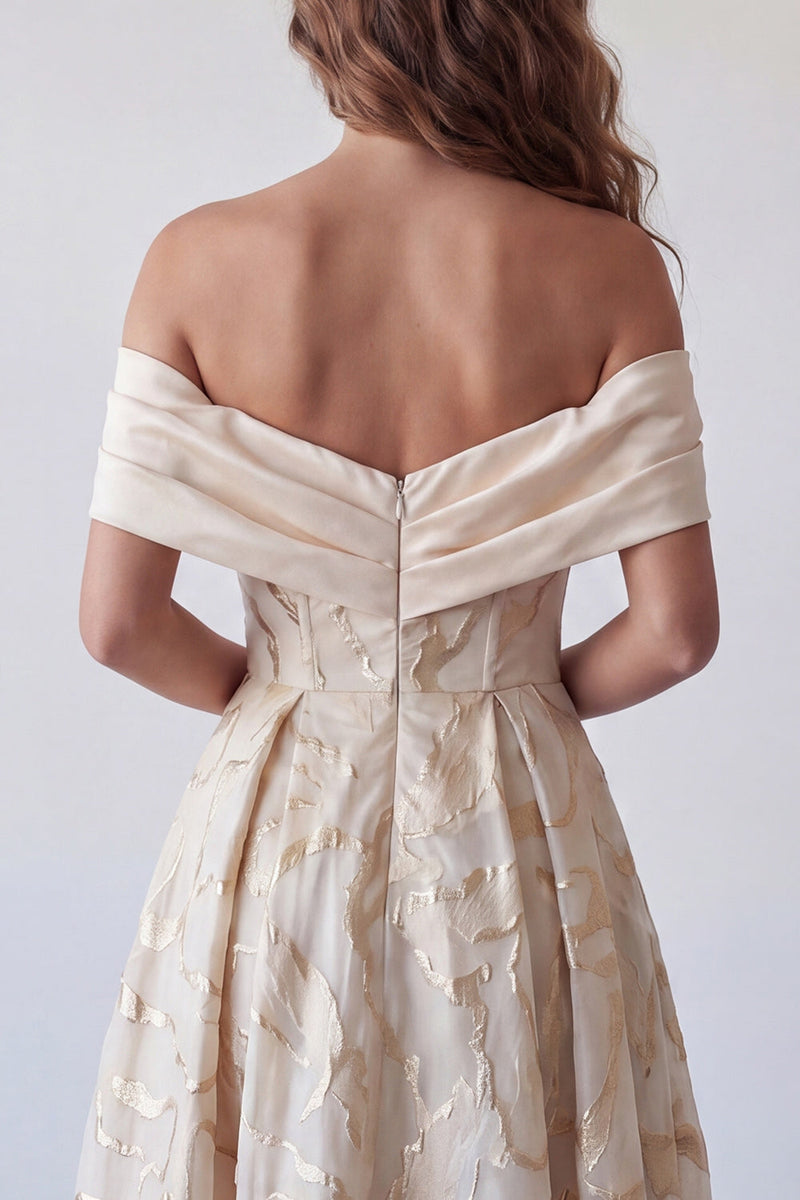 Laden Sie das Bild in den Galerie-Viewer, A-Linie Champagner-off-the-shoulder bedrucktes Midi-Festkleid
