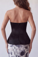 Laden Sie das Bild in den Galerie-Viewer, Schwarzes trägerloses, bodycon Chiffon-Blumen-Midi-Festkleid