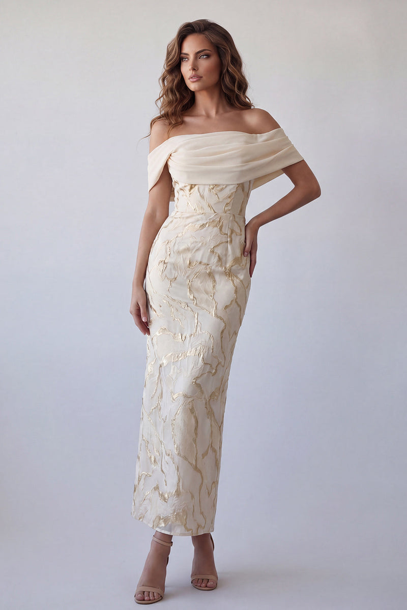Laden Sie das Bild in den Galerie-Viewer, Champagner-Off-the-Shoulder Bodycon-bedrucktes Maxi-Festkleid