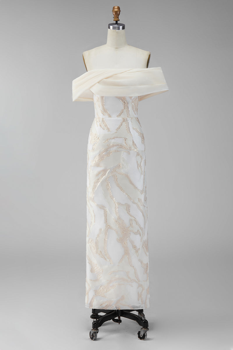 Laden Sie das Bild in den Galerie-Viewer, Champagner-Off-the-Shoulder Bodycon-bedrucktes Maxi-Festkleid