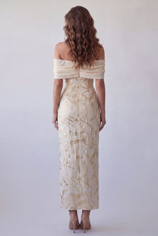Champagner-Off-the-Shoulder Bodycon-bedrucktes Maxi-Festkleid