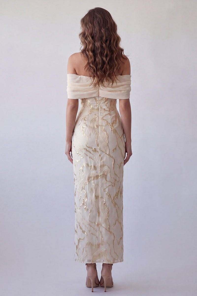 Laden Sie das Bild in den Galerie-Viewer, Champagner-Off-the-Shoulder Bodycon-bedrucktes Maxi-Festkleid