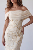 Laden Sie das Bild in den Galerie-Viewer, Champagner-Off-the-Shoulder Bodycon-bedrucktes Maxi-Festkleid