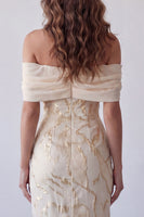 Laden Sie das Bild in den Galerie-Viewer, Champagner-Off-the-Shoulder Bodycon-bedrucktes Maxi-Festkleid