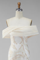 Laden Sie das Bild in den Galerie-Viewer, Champagner-Off-the-Shoulder Bodycon-bedrucktes Maxi-Festkleid
