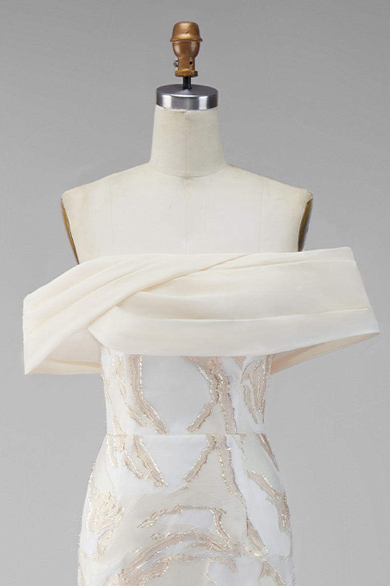 Laden Sie das Bild in den Galerie-Viewer, Champagner-Off-the-Shoulder Bodycon-bedrucktes Maxi-Festkleid