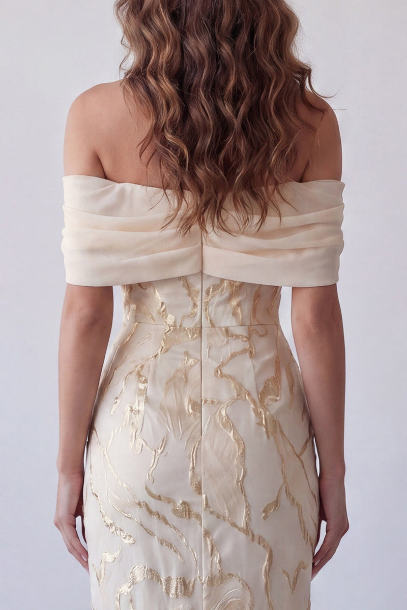 Laden Sie das Bild in den Galerie-Viewer, Champagner-Off-the-Shoulder Bodycon-bedrucktes Maxi-Festkleid