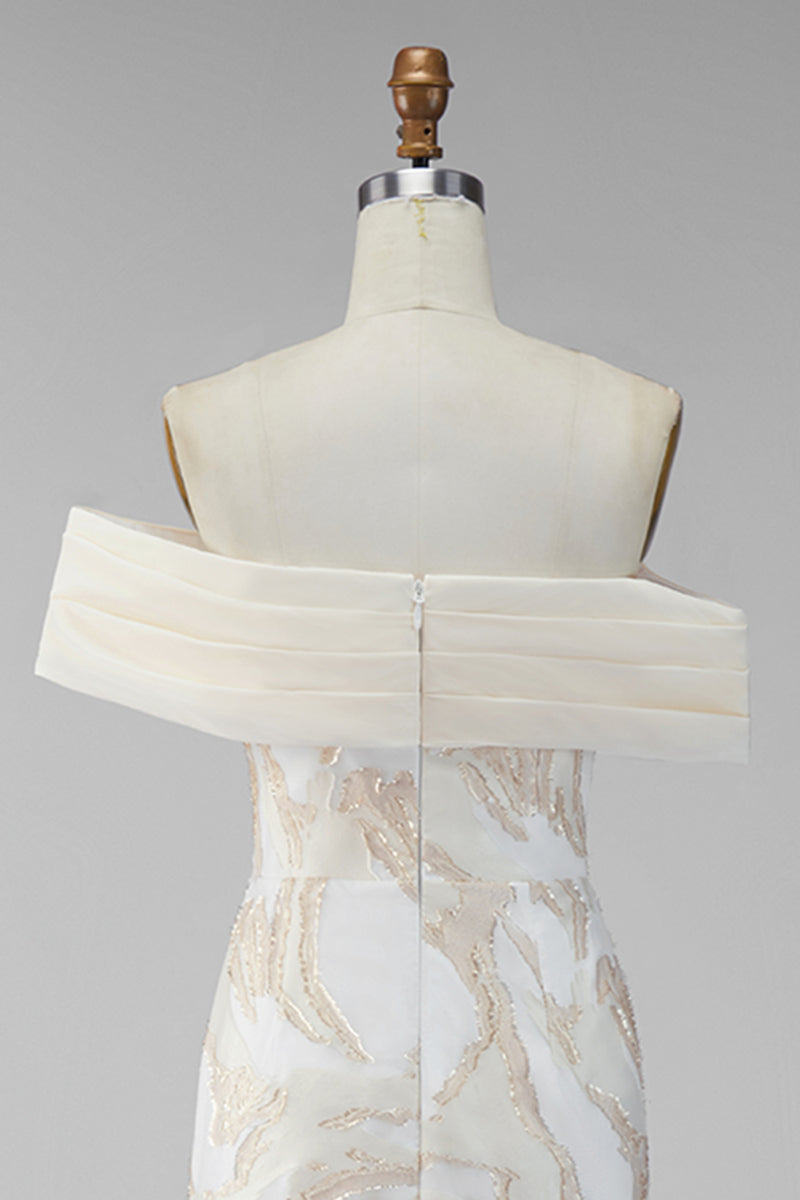 Laden Sie das Bild in den Galerie-Viewer, Champagner-Off-the-Shoulder Bodycon-bedrucktes Maxi-Festkleid