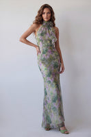 Laden Sie das Bild in den Galerie-Viewer, Halterhals Dusty Sage Bodycon Chiffon Floral Maxi Formal Dress