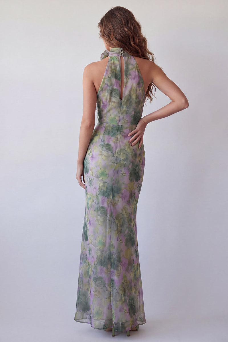 Laden Sie das Bild in den Galerie-Viewer, Halterhals Dusty Sage Bodycon Chiffon Floral Maxi Formal Dress
