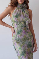 Laden Sie das Bild in den Galerie-Viewer, Halterhals Dusty Sage Bodycon Chiffon Floral Maxi Formal Dress
