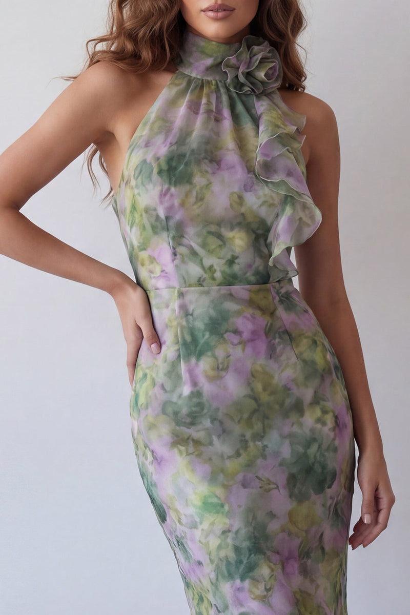 Laden Sie das Bild in den Galerie-Viewer, Halterhals Dusty Sage Bodycon Chiffon Floral Maxi Formal Dress