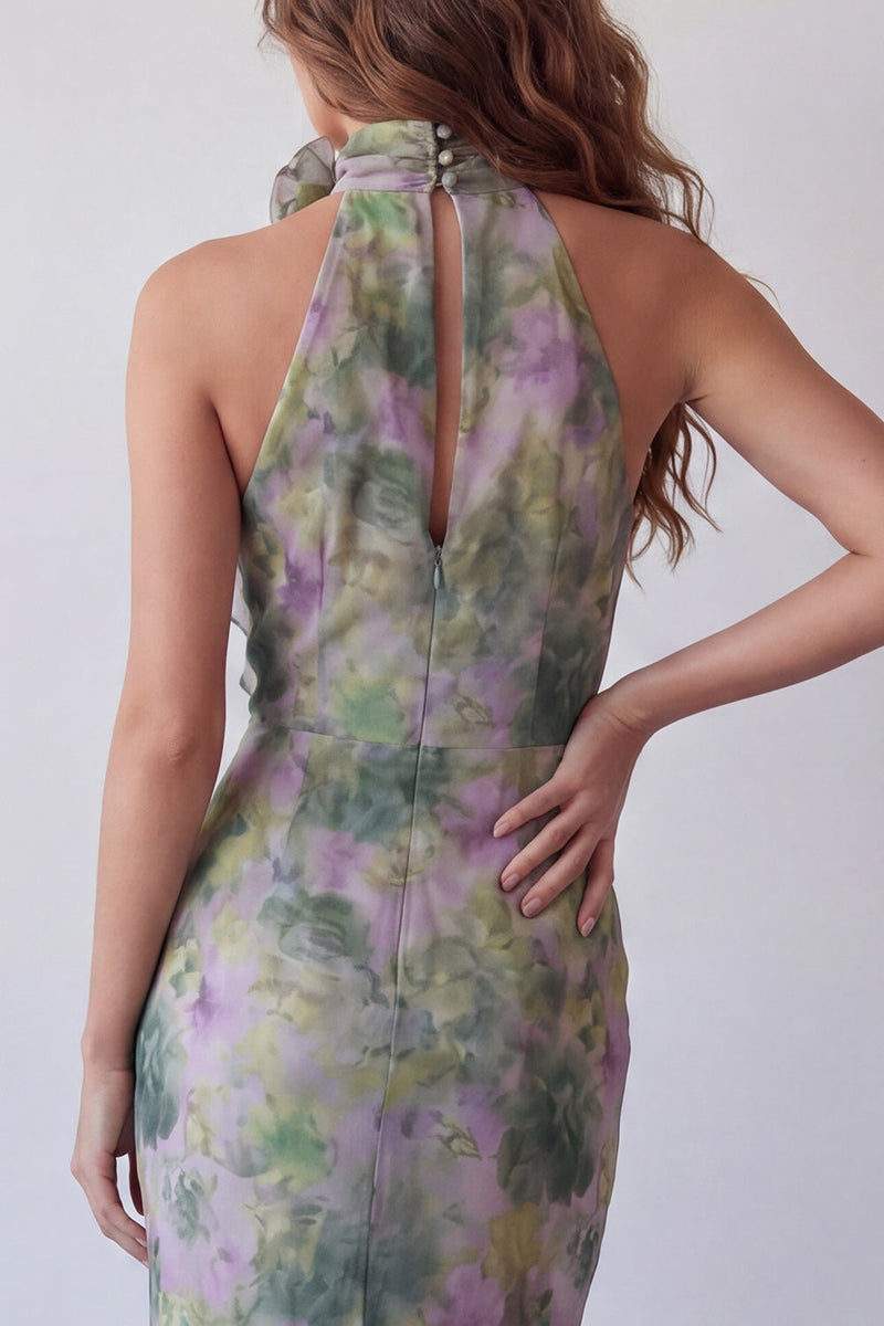 Laden Sie das Bild in den Galerie-Viewer, Halterhals Dusty Sage Bodycon Chiffon Floral Maxi Formal Dress