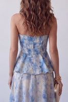 Laden Sie das Bild in den Galerie-Viewer, A-Linie staubiges blaues Chiffon-Trägerloses Blumen-Midi-Festkleid