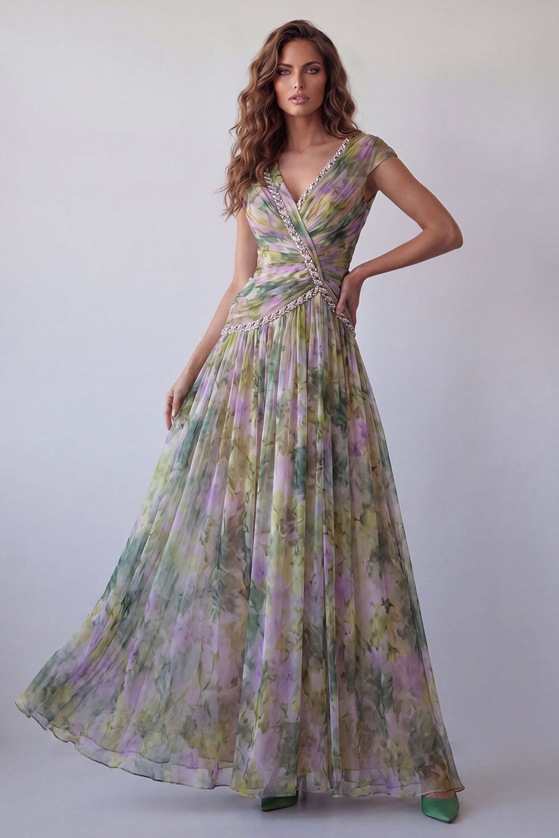 Laden Sie das Bild in den Galerie-Viewer, Chiffon Dusty Sage A-Linie V-Ausschnitt, gerafftes langes Festkleid