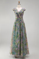 Laden Sie das Bild in den Galerie-Viewer, Chiffon Dusty Sage A-Linie V-Ausschnitt Gerafftes Langes Festkleid