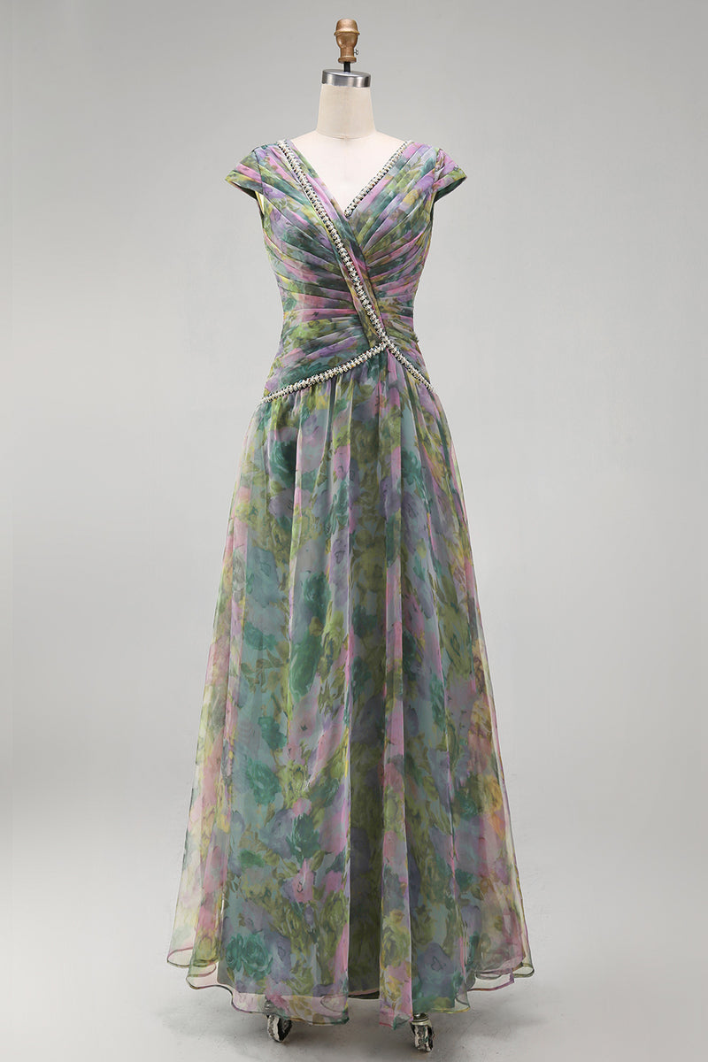 Laden Sie das Bild in den Galerie-Viewer, Chiffon Dusty Sage A-Linie V-Ausschnitt Gerafftes Langes Festkleid