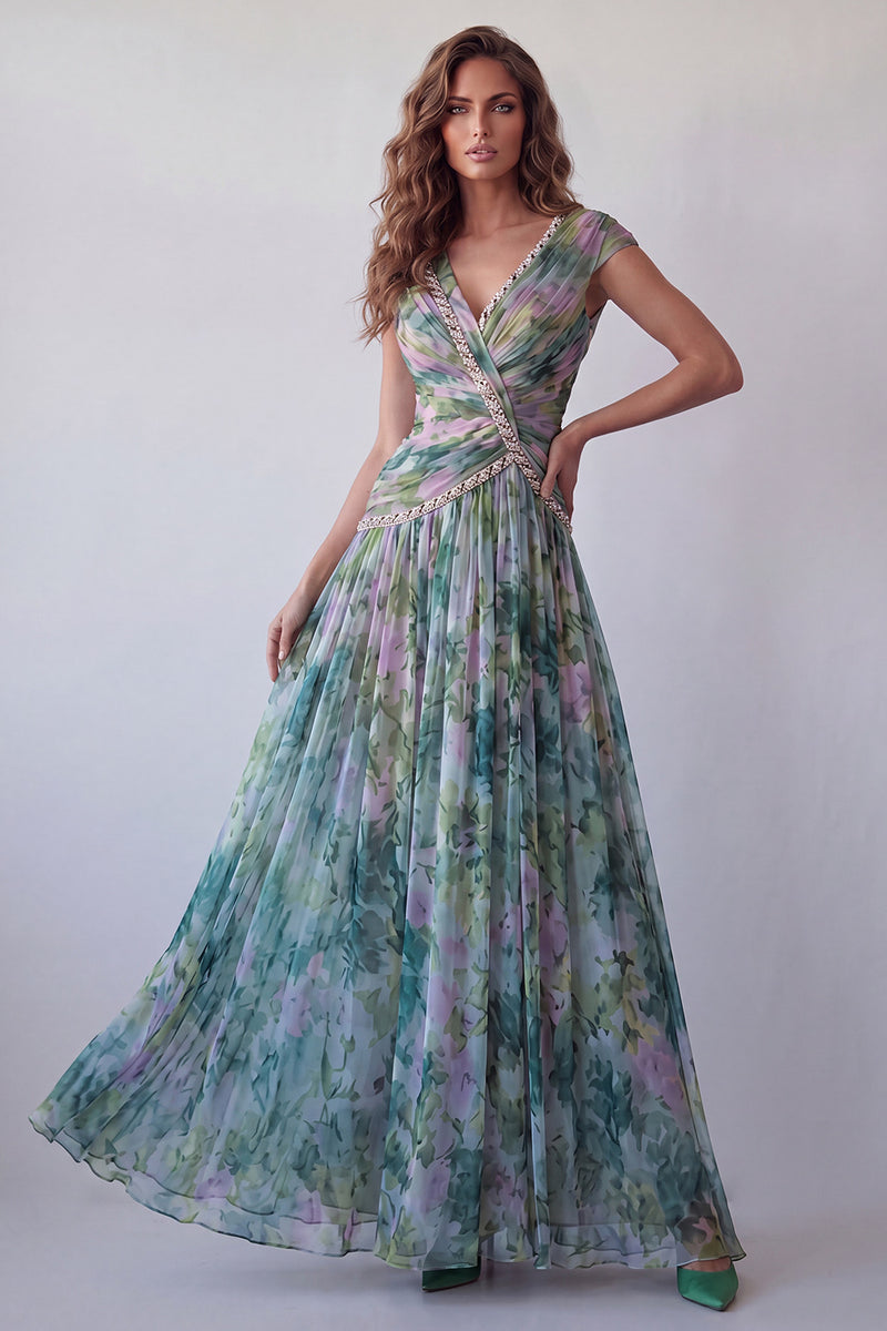 Laden Sie das Bild in den Galerie-Viewer, ZAPAKA Damen Staubiges Salbei Chiffon Festkleid mit Mützenärmeln V-Ausschnitt A-Linie Gerafftes Langes Hochzeitsgastkleid