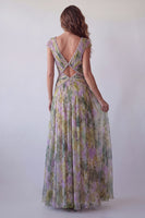 Laden Sie das Bild in den Galerie-Viewer, Chiffon Dusty Sage A-Linie V-Ausschnitt, gerafftes langes Festkleid