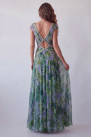 Laden Sie das Bild in den Galerie-Viewer, Chiffon Dusty Sage A-Linie V-Ausschnitt Gerafftes Langes Festkleid