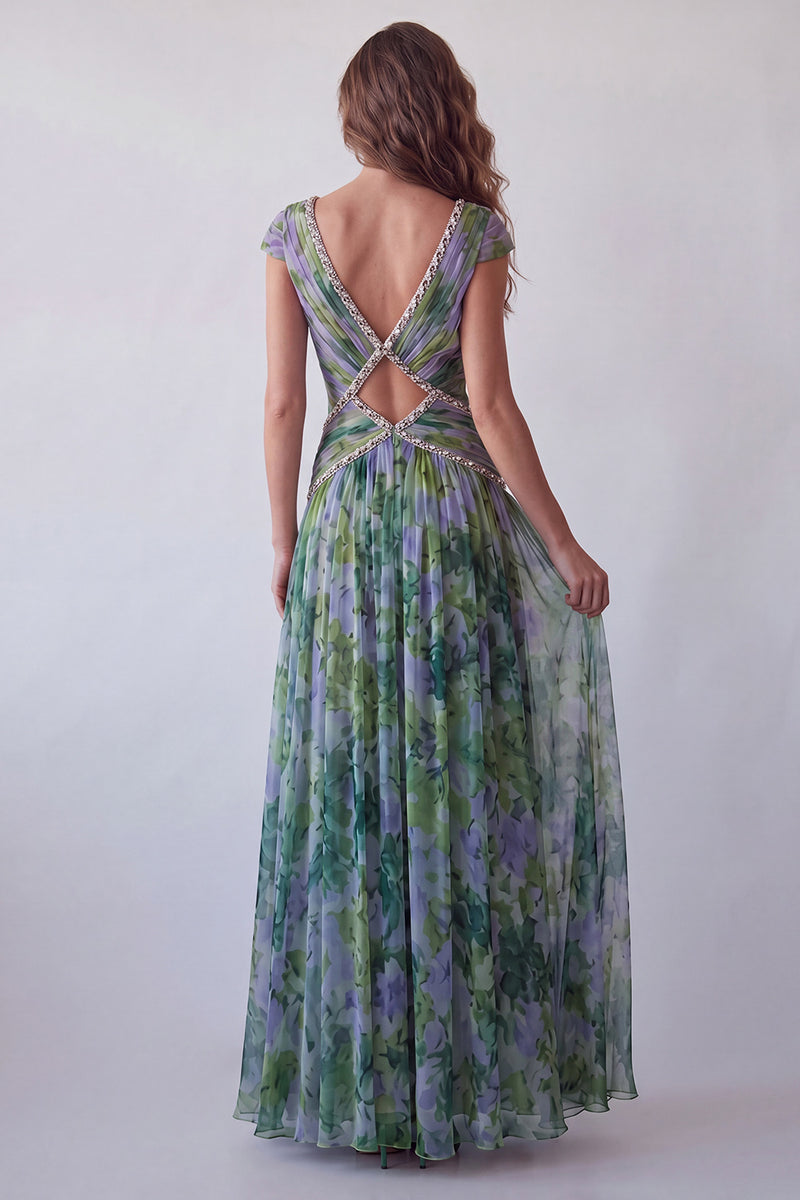 Laden Sie das Bild in den Galerie-Viewer, Chiffon Dusty Sage A-Linie V-Ausschnitt Gerafftes Langes Festkleid