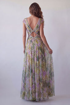 Chiffon Dusty Sage A-Linie V-Ausschnitt, gerafftes langes Festkleid