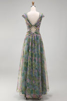 Laden Sie das Bild in den Galerie-Viewer, Chiffon Dusty Sage A-Linie V-Ausschnitt Gerafftes Langes Festkleid