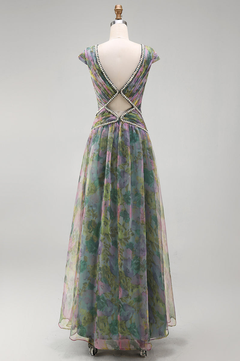 Laden Sie das Bild in den Galerie-Viewer, Chiffon Dusty Sage A-Linie V-Ausschnitt Gerafftes Langes Festkleid