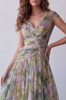 Laden Sie das Bild in den Galerie-Viewer, Chiffon Dusty Sage A-Linie V-Ausschnitt, gerafftes langes Festkleid