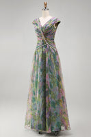 Laden Sie das Bild in den Galerie-Viewer, Chiffon Dusty Sage A-Linie V-Ausschnitt Gerafftes Langes Festkleid