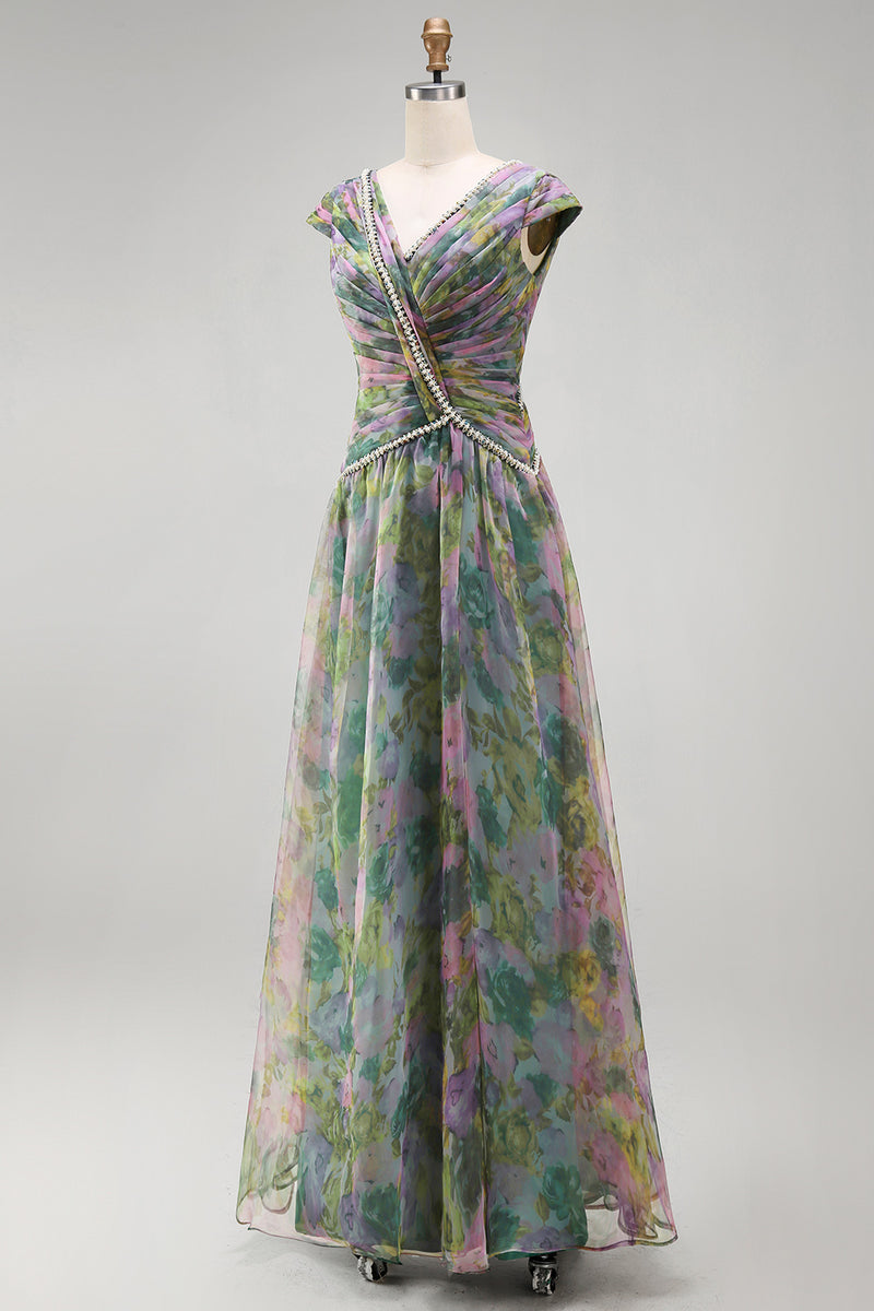 Laden Sie das Bild in den Galerie-Viewer, Chiffon Dusty Sage A-Linie V-Ausschnitt Gerafftes Langes Festkleid
