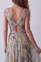 Laden Sie das Bild in den Galerie-Viewer, Chiffon Dusty Sage A-Linie V-Ausschnitt, gerafftes langes Festkleid