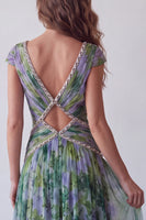 Laden Sie das Bild in den Galerie-Viewer, Chiffon Dusty Sage A-Linie V-Ausschnitt Gerafftes Langes Festkleid