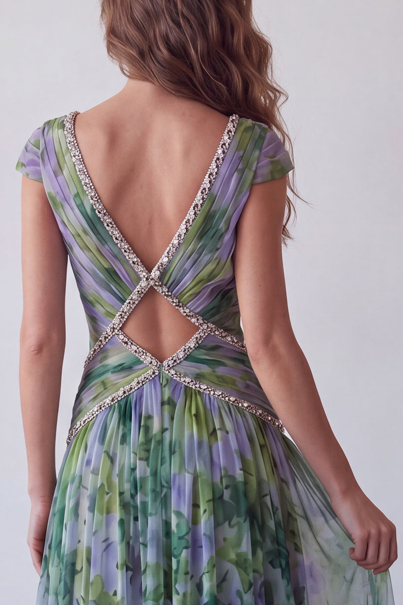 Laden Sie das Bild in den Galerie-Viewer, Chiffon Dusty Sage A-Linie V-Ausschnitt Gerafftes Langes Festkleid