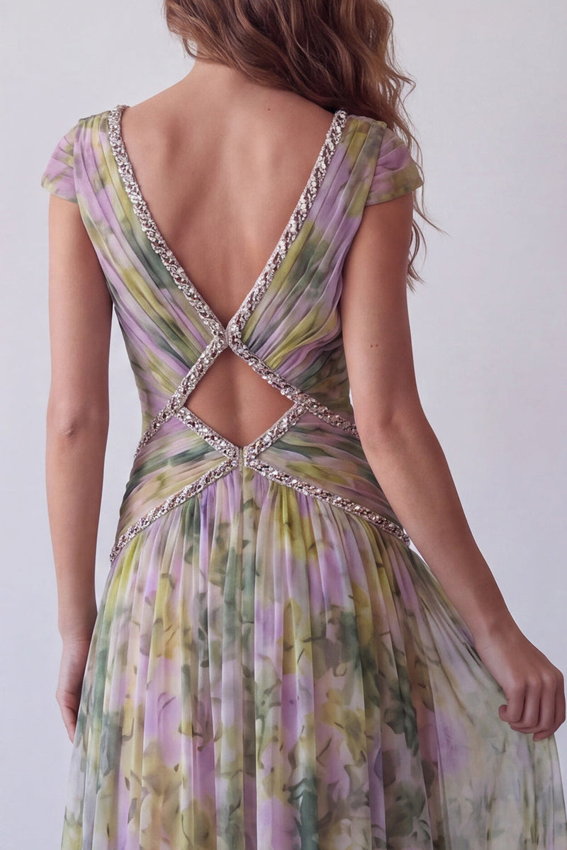 Laden Sie das Bild in den Galerie-Viewer, Chiffon Dusty Sage A-Linie V-Ausschnitt, gerafftes langes Festkleid