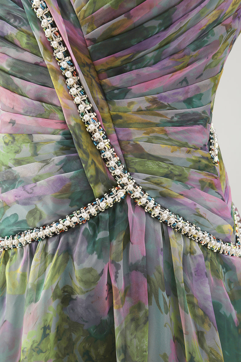 Laden Sie das Bild in den Galerie-Viewer, Chiffon Dusty Sage A-Linie V-Ausschnitt Gerafftes Langes Festkleid