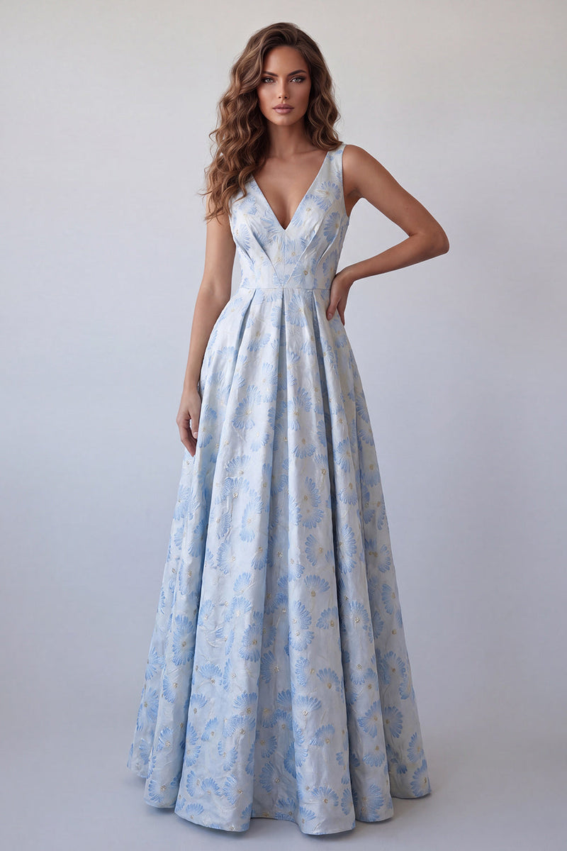 Laden Sie das Bild in den Galerie-Viewer, Hellblaues A-Linien-V-Ausschnitt, gerafftes, geblümtes langes Festkleid