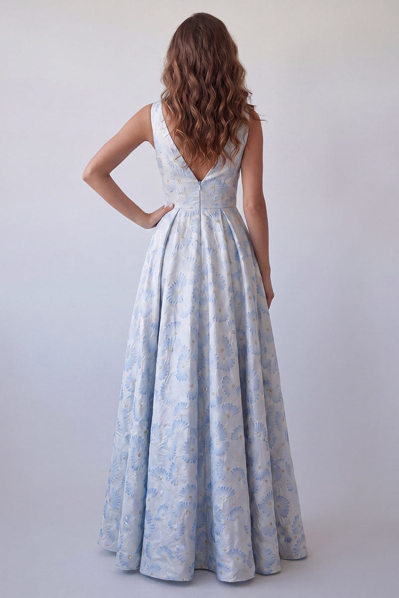 Laden Sie das Bild in den Galerie-Viewer, Hellblaues A-Linien-V-Ausschnitt, gerafftes, geblümtes langes Festkleid