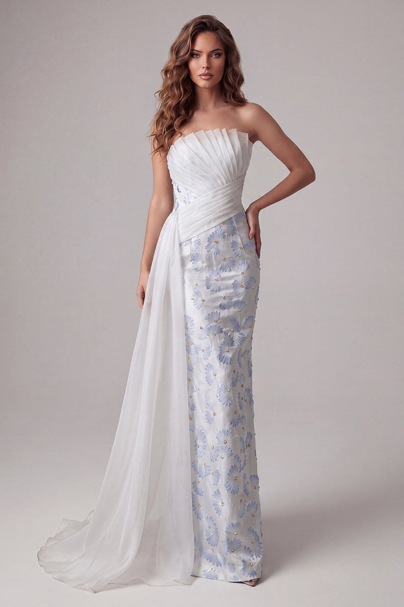 Laden Sie das Bild in den Galerie-Viewer, Hellblaues, trägerloses Bodycon, gerafftes, florales langes Festkleid mit Schärpe