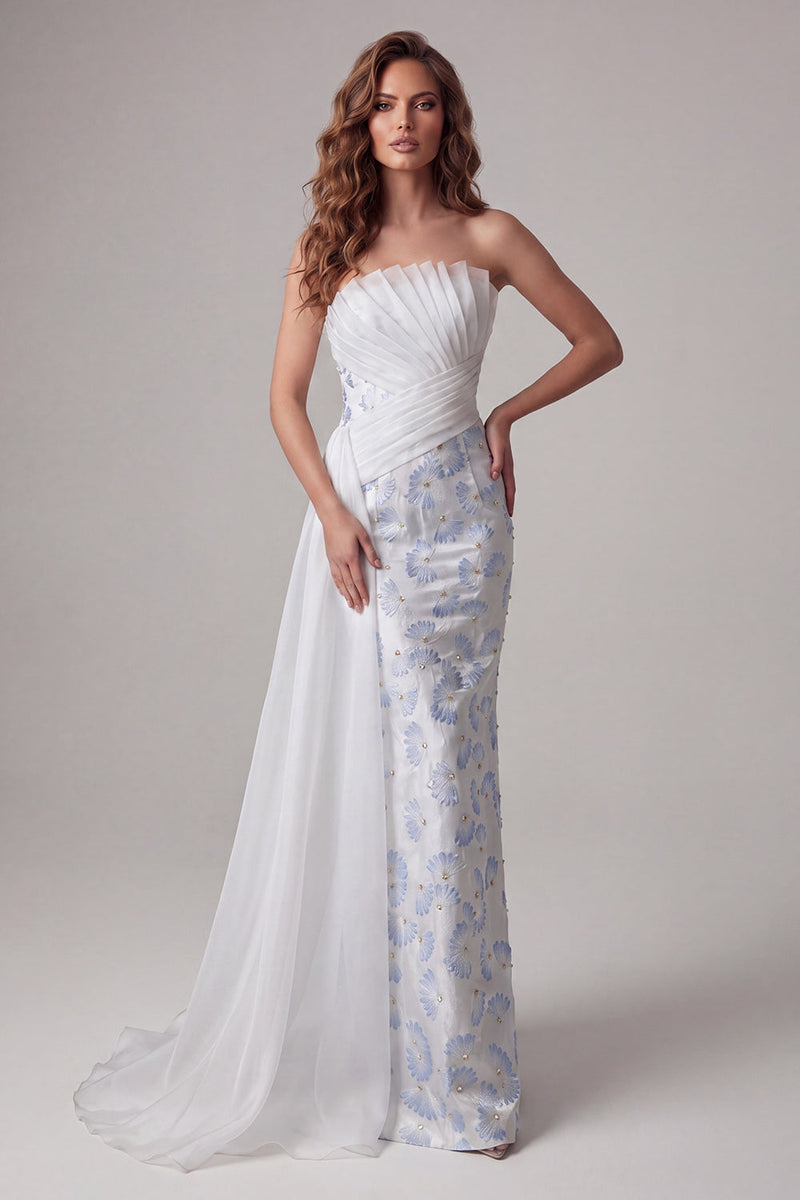 Laden Sie das Bild in den Galerie-Viewer, Hellblaues, trägerloses Bodycon, gerafftes, florales langes Festkleid mit Schärpe