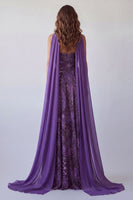 Laden Sie das Bild in den Galerie-Viewer, Trägerloses, lila Chiffon-Langkleid mit A-Linie und Halsschal