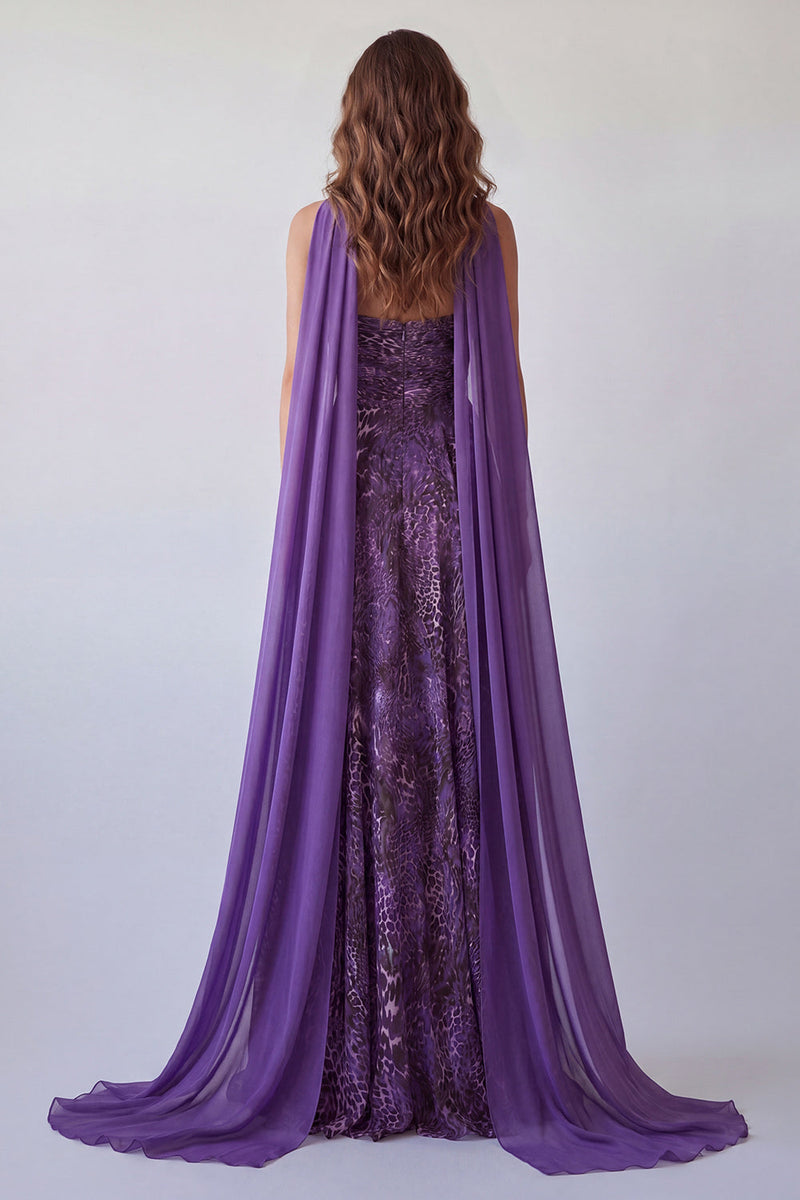 Laden Sie das Bild in den Galerie-Viewer, Trägerloses, lila Chiffon-Langkleid mit A-Linie und Halsschal
