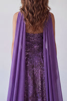 Laden Sie das Bild in den Galerie-Viewer, Trägerloses, lila Chiffon-Langkleid mit A-Linie und Halsschal